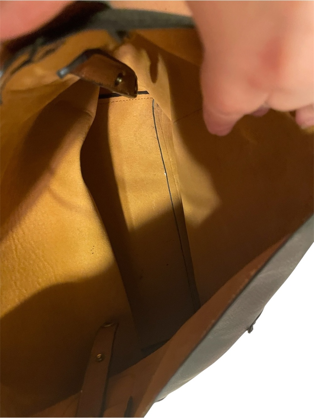 Women's Black Leather Bag w/brown strap and interior. 12”L X 16W. NWOT. - Picture 6 of 6